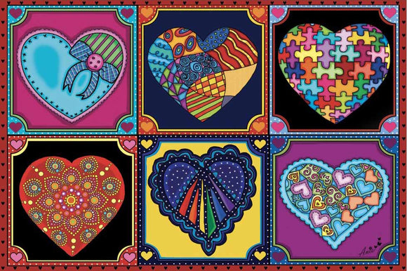 A colorful jigsaw puzzle featuring six distinct heart designs, each with unique patterns and colors. The design showcases vibrant, playful imagery including polka dots, stripes, and intricate dots against a backdrop of black and bright colors, making it visually striking and engaging.