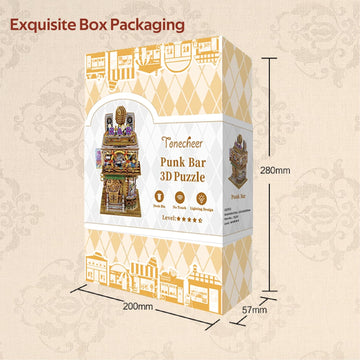 The PUNK BAR Desk bin from Tonecheer is showcased in its attractive packaging. The box features vibrant graphics of a detailed 3D puzzle design resembling a bar with a colorful lighting feature. The package dimensions are noted, and it highlights the product's complexity level. A stylish and unique decor piece or organizational tool, perfect for DIY enthusiasts.