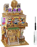 The PUNK BAR Desk bin by Tonecheer is a detailed DIY model showcasing a vibrant bar setting. Featuring steampunk elements, it includes decorative gears, colorful signage, and a microphone on top. Beside the model, a glue stick and a small screwdriver are included for assembly. This creative kit combines fun and functionality, perfect for organizing small items while enhancing your workspace decor.