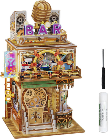 The PUNK BAR Desk bin by Tonecheer is a detailed DIY model showcasing a vibrant bar setting. Featuring steampunk elements, it includes decorative gears, colorful signage, and a microphone on top. Beside the model, a glue stick and a small screwdriver are included for assembly. This creative kit combines fun and functionality, perfect for organizing small items while enhancing your workspace decor.