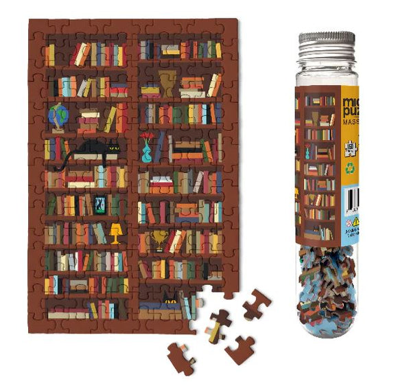 A completed 150-piece jigsaw puzzle featuring a detailed illustration of a bookshelf filled with colorful books, decorative items, and a black cat, alongside a transparent tube containing loose puzzle pieces for easy storage.