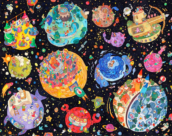A vibrant jigsaw puzzle featuring an imaginative cosmic scene with various colorful planets, each depicting unique scenarios and characters. Gnomes, animals, and whimsical settings fill the planets, all set against a starry black background.