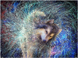 A vibrant jigsaw puzzle featuring an artistic depiction of a husky shaking off water, surrounded by colorful splashes and abstract patterns. The dog appears joyful, with its fur glistening as the water droplets create a dynamic and energetic scene, perfect for puzzle enthusiasts and animal lovers.