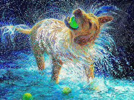 A vibrant jigsaw puzzle featuring a playful yellow Labrador retrieving a green tennis ball amidst a splash of water. The artwork, inspired by Iris Scott, showcases swirling shades of blue and yellow, capturing a joyful moment of canine exuberance.