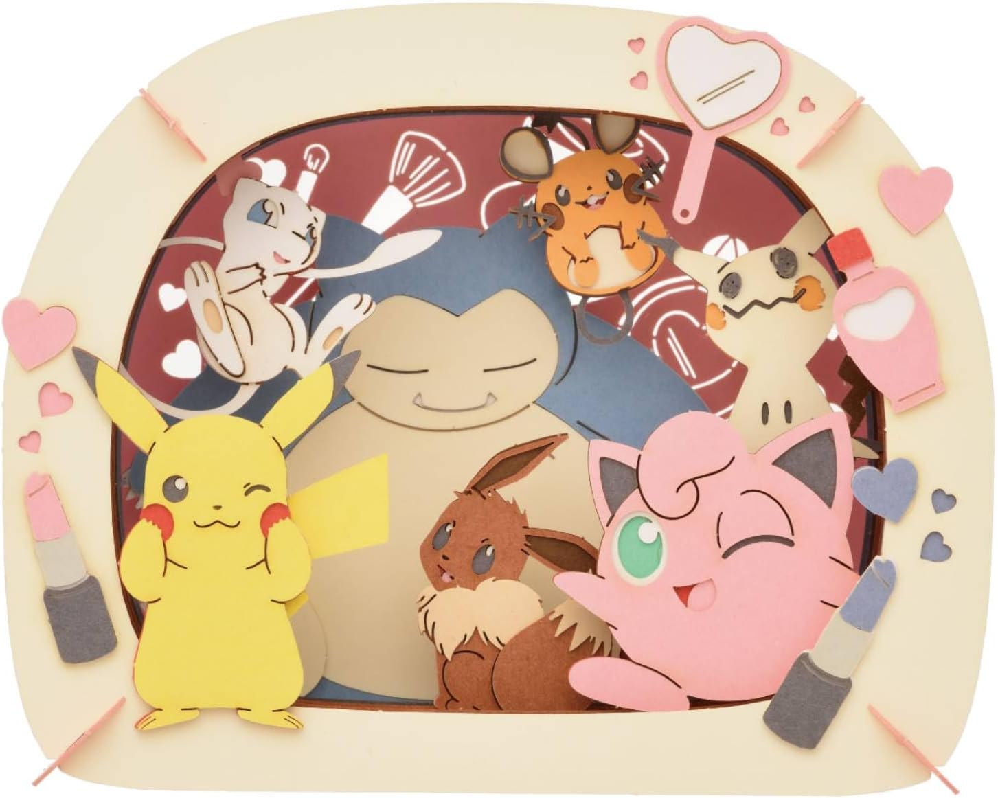 The Paper Theater Heart Cosme DIY kit by Ensky features vibrant, layered paper cutouts of popular Pokémon characters, including Pikachu, Eevee, Snorlax, Jigglypuff, Mew, and more, surrounded by playful elements like hearts and cosmetics. Perfect for fans and crafters, this kit offers a creative way to showcase beloved characters in a charming paper theater display.