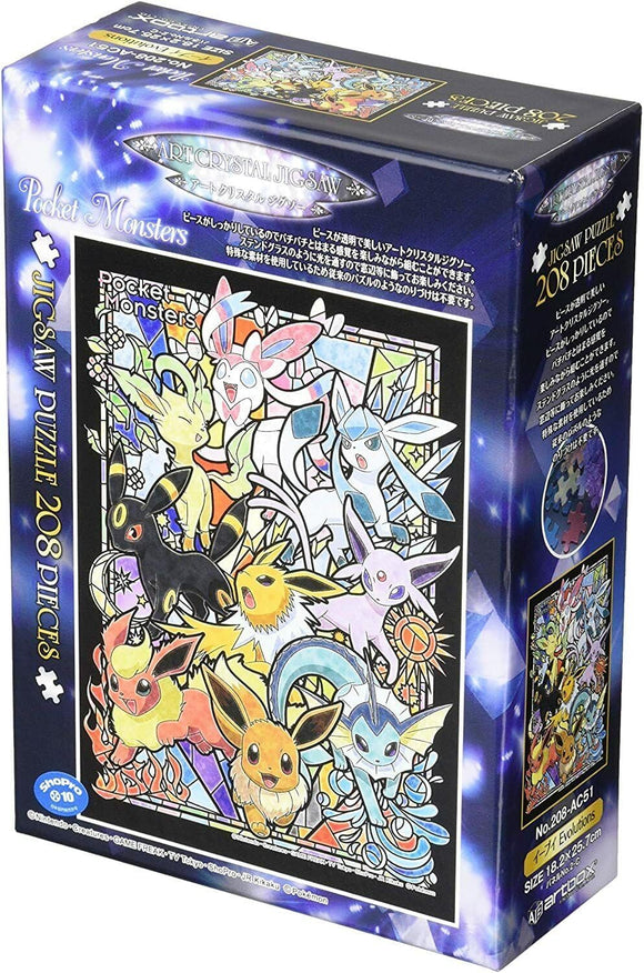 The Crystal Puzzle Eevee Evolution by Ensky features a colorful and vibrant jigsaw puzzle box. The front showcases numerous Eevee evolutions, including Vaporeon, Jolteon, and Flareon, within a stunning stained-glass design. The puzzle contains 208 pieces, perfect for fans of the Pokémon franchise and puzzle enthusiasts alike. Ideal for family activities, it promises hours of engaging fun as you assemble each character in their serendipitous arrangement.