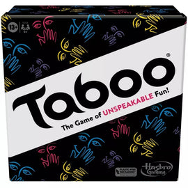 Taboo (2023) board game by Hasbro, featuring a colorful, playful box design with hand and face illustrations. The title 'Taboo' prominently displayed, promising unspeakable fun for players aged 13 and up, suitable for 4 or more players.
