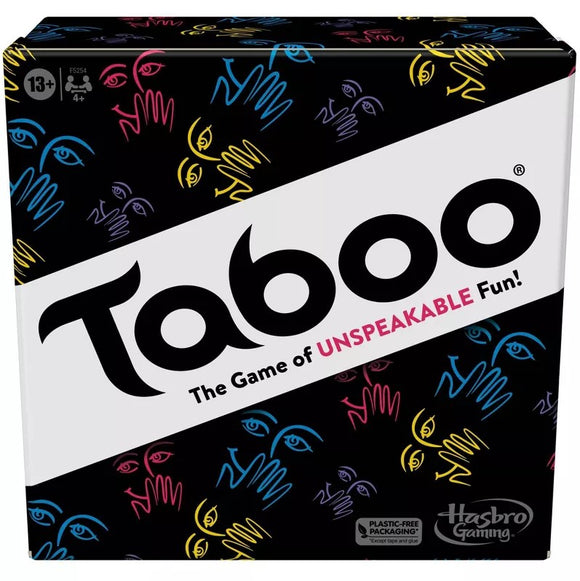 Taboo (2023) board game by Hasbro, featuring a colorful, playful box design with hand and face illustrations. The title 'Taboo' prominently displayed, promising unspeakable fun for players aged 13 and up, suitable for 4 or more players.