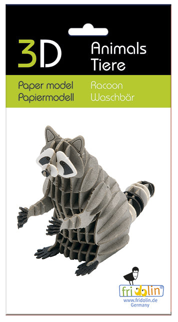 3D Paper Model kit of a raccoon by Fridolin. The kit features layered paper construction, allowing for a creative DIY project. Ideal for enthusiasts of paper crafting and animals.
