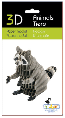 3D Paper Model kit of a raccoon by Fridolin. The kit features layered paper construction, allowing for a creative DIY project. Ideal for enthusiasts of paper crafting and animals.