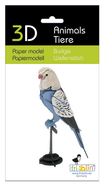 3D Paper Model Budgie DIY kit by fridolin. This colorful model features a lifelike representation of a budgerigar with detailed textures and vibrant colors. Perfect for craft enthusiasts and collectors, it comes in packaging showcasing its 3D nature and design.