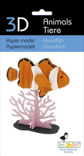 3D paper model of a clownfish, depicted in vibrant orange and white colors, resting on a coral-like pink base. The packaging features the brand 'fridolin' and indicates it is a DIY kit for crafting enthusiasts.
