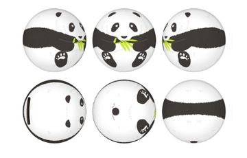 P-Ball: C1056 Panda Puzzle Coin ball by Pintoo featuring cute panda graphics. The spherical jigsaw puzzle showcases playful panda designs holding bamboo, providing a fun and engaging puzzle experience.