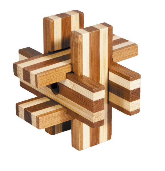 A beautifully crafted bamboo mechanical puzzle featuring interlocking wooden blocks in various shades of light and dark brown, designed for mental stimulation and entertainment. The puzzle showcases intricate craftsmanship with smooth edges and a unique geometric design.