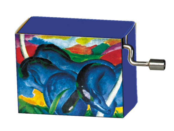 Franz Marc Blue Horses Music B by fridolin, a colorful music box showcasing an artwork of two blue horses against a vibrant background. The box features a winding mechanism on the side for music playback.