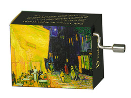 A whimsical music box featuring Vincent van Gogh's iconic painting 'The Night Cafe' on its sides. The box is designed with a handle, allowing it to play soothing melodies, reminiscent of a serene night scene filled with cafe patrons. The vibrant colors of the artwork bring an artistic flair to this charming item.