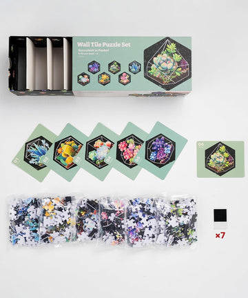 Wall Tiles: Succulent in Pocket jigsaw puzzle by Pintoo, featuring a compact set with vibrant succulent designs, six unique cards, and multiple puzzle pieces in clear bags, perfect for decorative and creative pursuits.