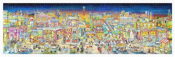 A colorful jigsaw puzzle featuring a bustling street scene of Taipei City, showcasing shops, street vendors, and lively citizens. The intricately illustrated image highlights the vibrant culture and architectural details characteristic of the city, set against a twilight sky with skyscrapers in the background.