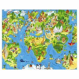 A colorful jigsaw puzzle titled 'All Around the World' featuring a detailed world map illustration with various landmarks, animals, and activities, designed for children aged 3 and up by Pintoo.
