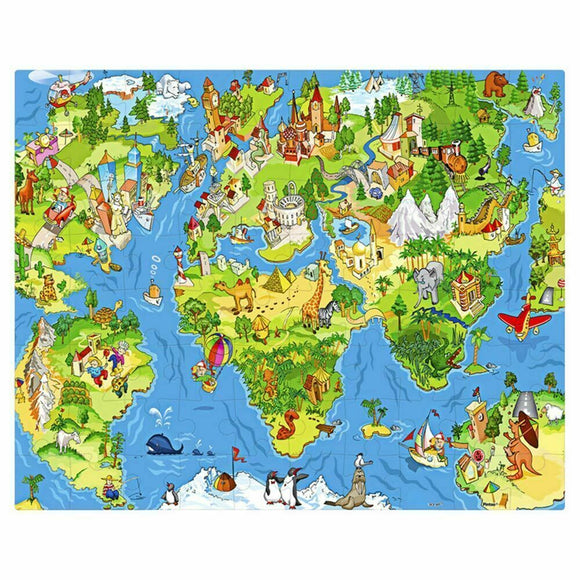 A colorful jigsaw puzzle titled 'All Around the World' featuring a detailed world map illustration with various landmarks, animals, and activities, designed for children aged 3 and up by Pintoo.