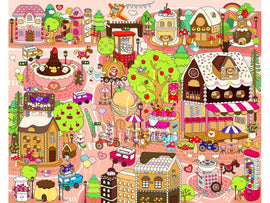 A colorful jigsaw puzzle titled 'Candy Village 3+' by Pintoo, featuring a whimsical village scene filled with candy shops, playful animals, and vibrant trees. The layout includes charming houses with candy roofs, a whimsical ice cream stand, and lively characters like elephants and rabbits, all set against a bright pink backdrop.