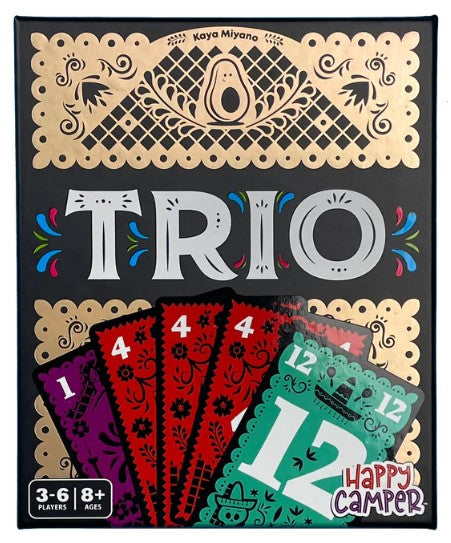 The Trio game by Happy Camper features vibrant artwork displaying the title 'TRIO' in bold gray letters at the center. The box is adorned with colorful patterns and illustrations, including intricately designed cards in shades of red, black, and green. It indicates the game is suitable for 3-6 players aged 8 and above, making it perfect for family game nights and gatherings.