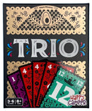 The Trio game by Happy Camper features vibrant artwork displaying the title 'TRIO' in bold gray letters at the center. The box is adorned with colorful patterns and illustrations, including intricately designed cards in shades of red, black, and green. It indicates the game is suitable for 3-6 players aged 8 and above, making it perfect for family game nights and gatherings.