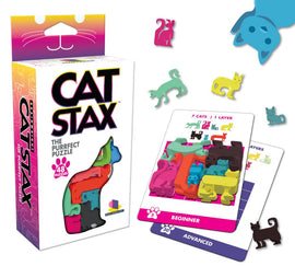 Cat Stax 2023 mechanical puzzle by Brainwright. The colorful packaging features a playful cat design and highlights that it includes 48 unique puzzles. Various cat-shaped pieces in vibrant colors are scattered around, along with instruction cards showing beginner to advanced layers and configurations.