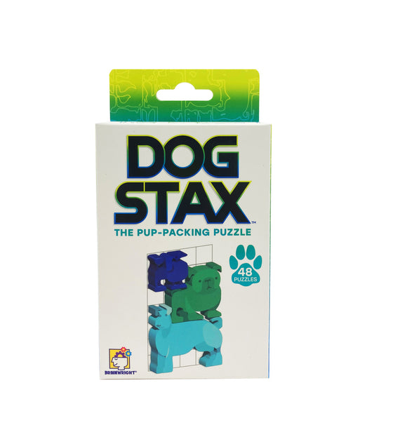 Dog Stax 2023 by Brainwright is a colorful mechanical puzzle featuring 48 dog-shaped pieces. The packaging showcases the unique design and the engaging puzzle challenge.