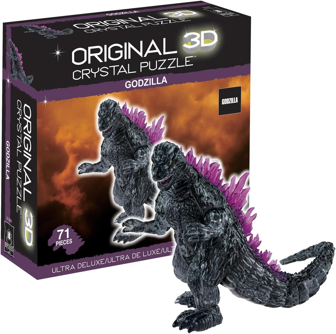 A 3D crystal puzzle of Godzilla, featuring a detailed design with black and purple elements. The puzzle comes in a box labeled "Original 3D Crystal Puzzle" and contains 71 pieces, perfect for fans and collectors.