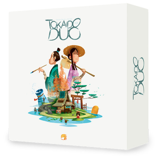 The Tokaido Duo game box features vibrant artwork showcasing two characters, a man holding a brush and a woman in traditional attire, set against a picturesque landscape that includes lush trees, a water feature, and a cozy village. The game's title is prominently displayed at the top.
