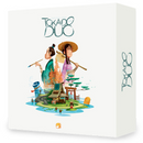 The Tokaido Duo game box features vibrant artwork showcasing two characters, a man holding a brush and a woman in traditional attire, set against a picturesque landscape that includes lush trees, a water feature, and a cozy village. The game's title is prominently displayed at the top.