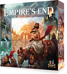 Empire's End board game by Brotherwise Games features a vibrant cover art depicting a regal woman on a golden horse, surrounded by soldiers in an ancient city setting. The artwork showcases dramatic colors and historical elements, drawing players into a world of strategy and adventure.