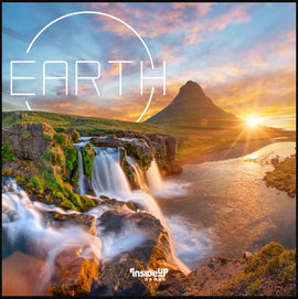 A stunning landscape image representing the game 'Earth' from Inside Up Games. It features a picturesque waterfall cascading over rocks, surrounded by lush greenery and a ridgetop mountain in the background, bathed in warm sunset light.