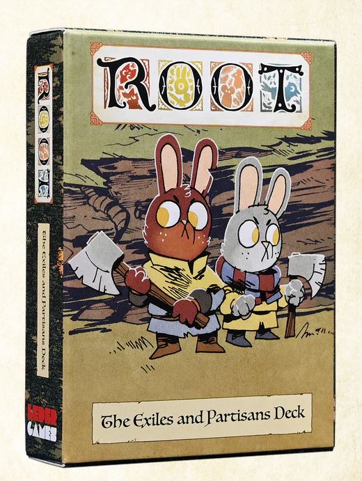 The Exiles and Partisans Deck for Root board game by Leder Games. The box features illustrated characters, two rabbits holding axes against a backdrop of woodland scenery.