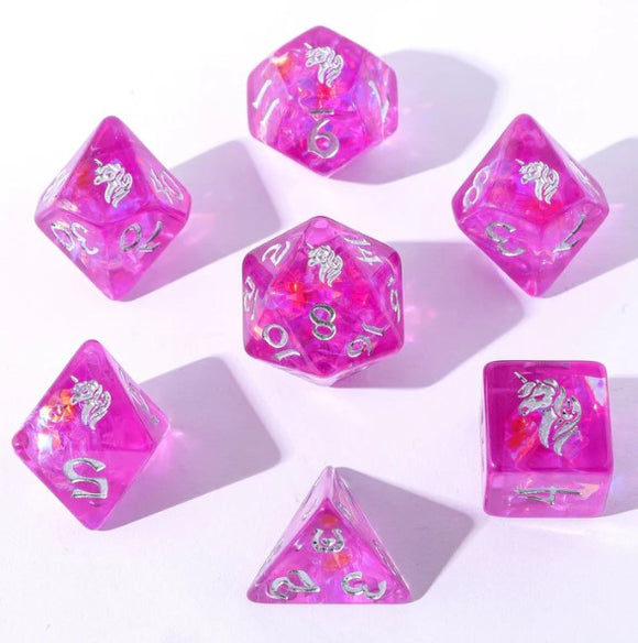 Lumina Unicornia RPG Dice Set featuring six vibrant, glossy pink dice adorned with silver numbers and unicorn motifs. The set includes various polyhedral dice ideal for role-playing games, showcasing a magical and whimsical design. Each die is crafted with a shimmering finish, perfect for enhancing your gaming experience.