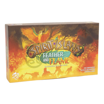 The box of the board game 'Spirit Island: Feather and Flame', featuring vibrant artwork with spirits and flames. The title is prominently displayed, along with a note indicating it is an expansion created by R. Eric Reuss. The box showcases elements of cooperative gameplay and strategic challenges.
