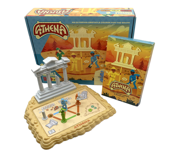 Athena, a mechanical puzzle game by Project Genius, featuring an intricate board game set on a sandy terrain. It includes three colorful figurines, obstacle pieces, and a booklet with challenge cards. The game is designed to stimulate critical thinking and problem-solving skills, set against a backdrop of ancient Greek architecture.