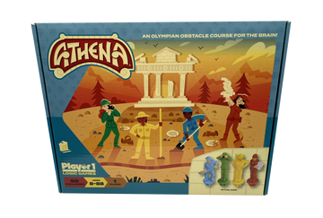 Athena is a mechanical puzzle that presents an Olympian obstacle course for the brain. The product features colorful characters engaged in various activities, such as digging and observing, set against a vibrant outdoor landscape with a backdrop of ancient ruins. The box includes images of the game pieces, emphasizing its fun and engaging theme. Suitable for ages 8-88 and designed for single players, the puzzle promises 50 logic challenges that stimulate critical thinking and problem-solving skills.