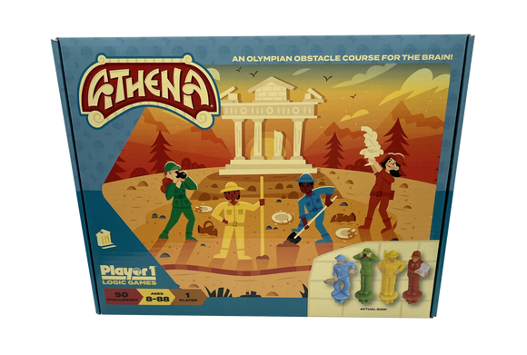 Athena is a mechanical puzzle that presents an Olympian obstacle course for the brain. The product features colorful characters engaged in various activities, such as digging and observing, set against a vibrant outdoor landscape with a backdrop of ancient ruins. The box includes images of the game pieces, emphasizing its fun and engaging theme. Suitable for ages 8-88 and designed for single players, the puzzle promises 50 logic challenges that stimulate critical thinking and problem-solving skills.