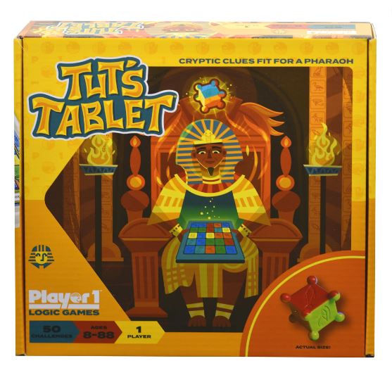 Tut's Tablet by Project Genius, a mechanical logic game designed for solo play. The packaging features vibrant colors and a majestic pharaoh figure surrounded by flames, showcasing a grid-based challenge with multi-colored pieces. Includes 50 puzzles suitable for ages 8 and up.