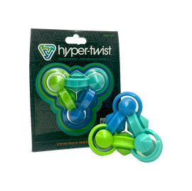 The Hyper-Twist from Project Genius features a colorful, interactive design with rotating, interlocking pieces for engaging play. This fidget toy stimulates creativity and fine motor skills, suitable for ages 6 and up. The packaging displays eye-catching graphics and hints at the toy's mind-bending mania.