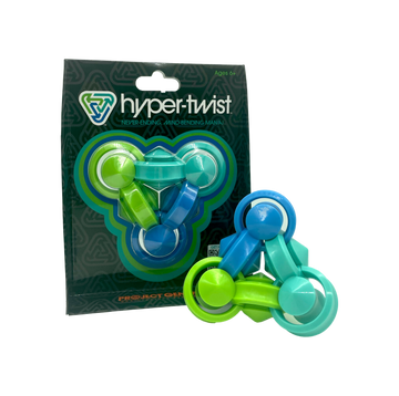 The Hyper-Twist from Project Genius features a colorful, interactive design with rotating, interlocking pieces for engaging play. This fidget toy stimulates creativity and fine motor skills, suitable for ages 6 and up. The packaging displays eye-catching graphics and hints at the toy's mind-bending mania.
