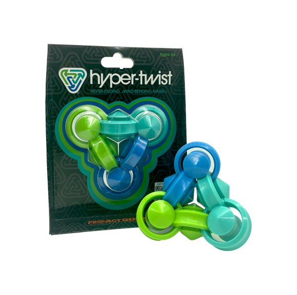 The Hyper-Twist from Project Genius features a colorful, interactive design with rotating, interlocking pieces for engaging play. This fidget toy stimulates creativity and fine motor skills, suitable for ages 6 and up. The packaging displays eye-catching graphics and hints at the toy's mind-bending mania.