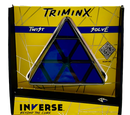 Triminx by Project Genius is a mechanical puzzle featuring a triangular design with blue pieces. The packaging showcases the words 'Twist' and 'Solve', highlighting its interactive nature. A QR code is visible for additional information.