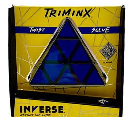 Triminx by Project Genius is a mechanical puzzle featuring a triangular design with blue pieces. The packaging showcases the words 'Twist' and 'Solve', highlighting its interactive nature. A QR code is visible for additional information.