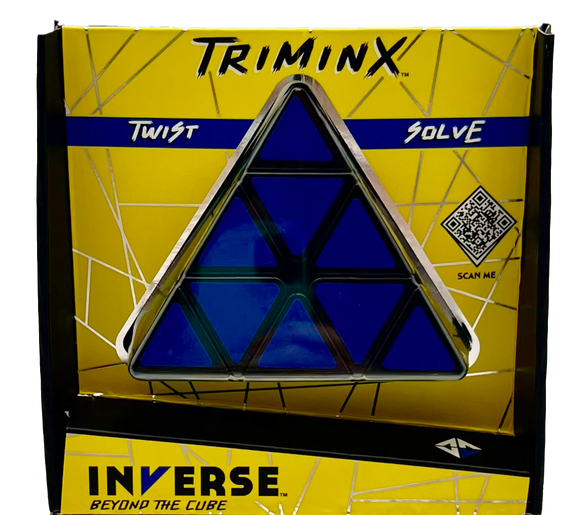 Triminx by Project Genius is a mechanical puzzle featuring a triangular design with blue pieces. The packaging showcases the words 'Twist' and 'Solve', highlighting its interactive nature. A QR code is visible for additional information.