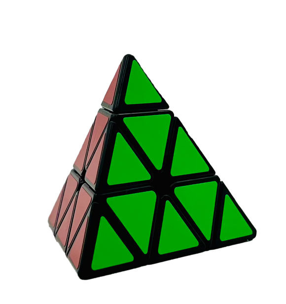 Triminx by Project Genius is a colorful mechanical puzzle shaped like a pyramid. It features multiple triangular faces with vibrant green and red colors. Ideal for puzzle enthusiasts looking for a challenging and engaging experience.