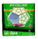 Novalinx mechanical puzzle by Project Genius, featuring a colorful hexagonal design with various shapes and colors. The packaging is green with dynamic patterns and includes instructions for twisting and solving. The product promotes interactive problem-solving and is suitable for puzzle enthusiasts.