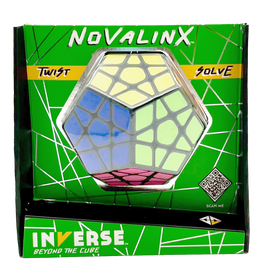 Novalinx mechanical puzzle by Project Genius, featuring a colorful hexagonal design with various shapes and colors. The packaging is green with dynamic patterns and includes instructions for twisting and solving. The product promotes interactive problem-solving and is suitable for puzzle enthusiasts.